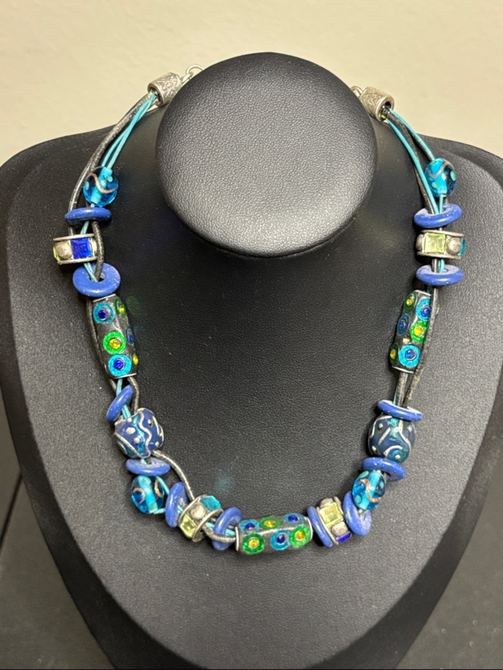 Chico’s Blue and Teal Glass Bead Leatger Silver Tone Necklace